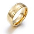 Polished gold tungsten ring for men featuring dual parallel grooves and classic beveled design - Size 9
