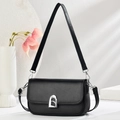 Black textured leather crossbody bag with silver arch buckle for elegant women - Black