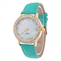 Elegant gold quartz watch with mint green leather strap and rhinestone bezel - Mint Green
