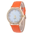 Women's quartz watch with bright orange litchi leather strap and gold rhinestone case - Orange