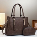 Vintage dark brown tote bag and pouch set with cracked leather texture and gold hardware - Tote Bag And Pouch (7959) / Coffee