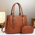Close-up of deep brown lychee texture tote bag with golden hardware and matching pouch - Tote Bag And Pouch (7959) / Earthy Yellow