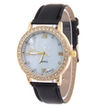 Women's quartz watch featuring a black litchi pattern leather strap and gold rhinestone case - Black