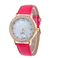 Women's quartz watch with rose gold diamond bezel and magenta litchi leather strap - Rose Red