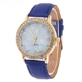 Women's gold watch with blue marble dial, rhinestones, and blue litchi leather strap - Dark Blue