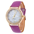 Orologio al quarzo da donna con cinturino in pelle viola e lunetta dorata con diamanti - Viola