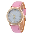 Women's quartz watch with pink leather strap, rhinestone bezel, and marble-effect dial - Pink