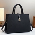 Classic black crossbody tote bag with diagonal texture and gold buckle for women - Black