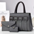 Dreiteiliges Set graue gewebte Handtasche mit braunem Ledergriff und kleiner Umschlagtasche - Schwarz