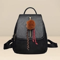 Minimalist black leather backpack for women with vertical zipper and brown pompom charm - Plush Ball Charm Style / Black