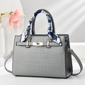Grey crocodile pattern tote bag with silk scarf handle and golden lock for women - Gray