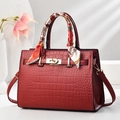 Elegant wine red crocodile pattern tote bag with gold hardware and silk scarf detail - Wine Red