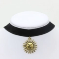 Retro black velvet choker necklace with vintage bronze sun deity face pendant - Antique Gold Sun Pendant (1463)