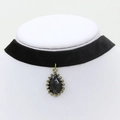 Black velvet choker necklace featuring a teardrop gemstone pendant with gold metal edging - Water Drop Black Gem Style (1477) / Black