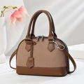 Elegant brown woven stripe shell handbag with adjustable strap and silver hardware accents - Dark Khaki