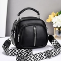 Litchi pattern leather shoulder bag with wide geometric strap and triple zip compartments - Black