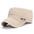 Beige cotton flat top military cap with FS Fashion leather patch and metal rivet details - Adjustable / Beige