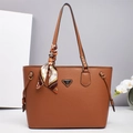 Vintage caramel lychee leather handbag with triangle logo and decorative silk scarf - Khaki/Earth Yellow