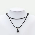 Double-layered black velvet choker necklace featuring a faceted teardrop pendant - Double Cord Black Bead (1469)