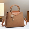 Brown woven texture crossbody bag with metal ring handle and adjustable strap - Khaki