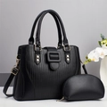 Chic black striped tote bag set with matching pouch and gold hardware accents - Black