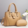Chic khaki pleated large tote bag and matching clutch set with golden metal hardware - Khaki