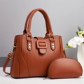Striped leather tote bag set in caramel brown with matching pouch and shoulder strap - Earthy Yellow