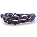 Macro detail of nautical multi-layer braided rope bracelet with black metal anchor hook - Red/Blue/White Cherry