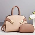 Detail of beige tote bag set with geometric texture, matching coin purse and gold hardware - Pink