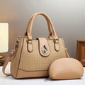 Detail of khaki PU leather tote bag with woven texture and silver teardrop lock - Khaki