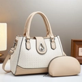 Chic beige handbag set with textured plaid finish and gold teardrop swivel lock clasp - Off White