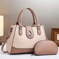 Two-piece large capacity women handbag set with textured fabric and metal twist lock - Pink