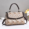 Brown jacquard shoulder bag with leather trim and gold twist lock for casual daily wear - Dark Khaki