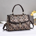 Elegant brown satchel bag with vintage fan pattern and gold metal clasp closure - Coffee