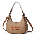 Borsa a sella vintage in tessuto marrone con cinturini in pelle e ricamo arancione - Cachi