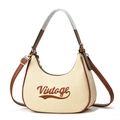 Retro-Hobo-Tasche aus beigem Geflecht mit Vintage-Stickerei und braunem Schultergurt - Gebrochenes Weiß