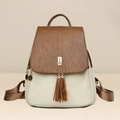 Chic two-tone brown and beige leather backpack with decorative gold tassels - Double Tassel Pendant Style / Beige and Brown