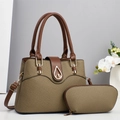 Chic khaki woven handbag set with dark brown leather trim and gold twist lock detail - Green