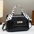 Elegant black crocodile texture crossbody bag with a polka dot scarf and gold hardware - Black / L22 W10 H16