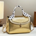 Golden crocodile pattern handbag with silk scarf handle and metallic clasp closure - Gold