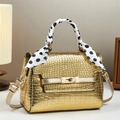 Golden crocodile pattern crossbody bag with a polka dot scarf and metallic clasp lock - Gold / L22 W10 H16
