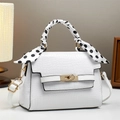 Elegant white crocodile texture handbag with gold clasp and polka dot scarf decoration - White / L22 W10 H16