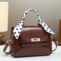 Brown crocodile embossed leather handbag with gold twist lock and polka dot scarf detail - Coffee / L22 W10 H16