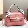 Pink stone pattern leather handbag with golden lock and silk scarf on handle - Pink / L22 W10 H16