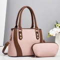 Set borsa da donna in tessuto rosa con manici in pelle marrone e finiture oro - Rosa