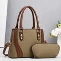 Chic woven tote bag and clutch set with brown leather straps and gold rivet accents - Green