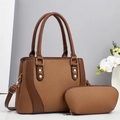 Brown woven tote and clutch set with gold hardware and adjustable crossbody strap - Khaki/Earth Yellow