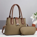 Women's large khaki woven tote bag set with brown leather straps and matching pouch - Green