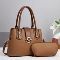 Brown woven texture tote bag and round pouch set with adjustable shoulder strap - Khaki/Earth Yellow