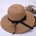 Women's foldable khaki straw sun hat with large brim and black ribbon bow for beach - Khaki